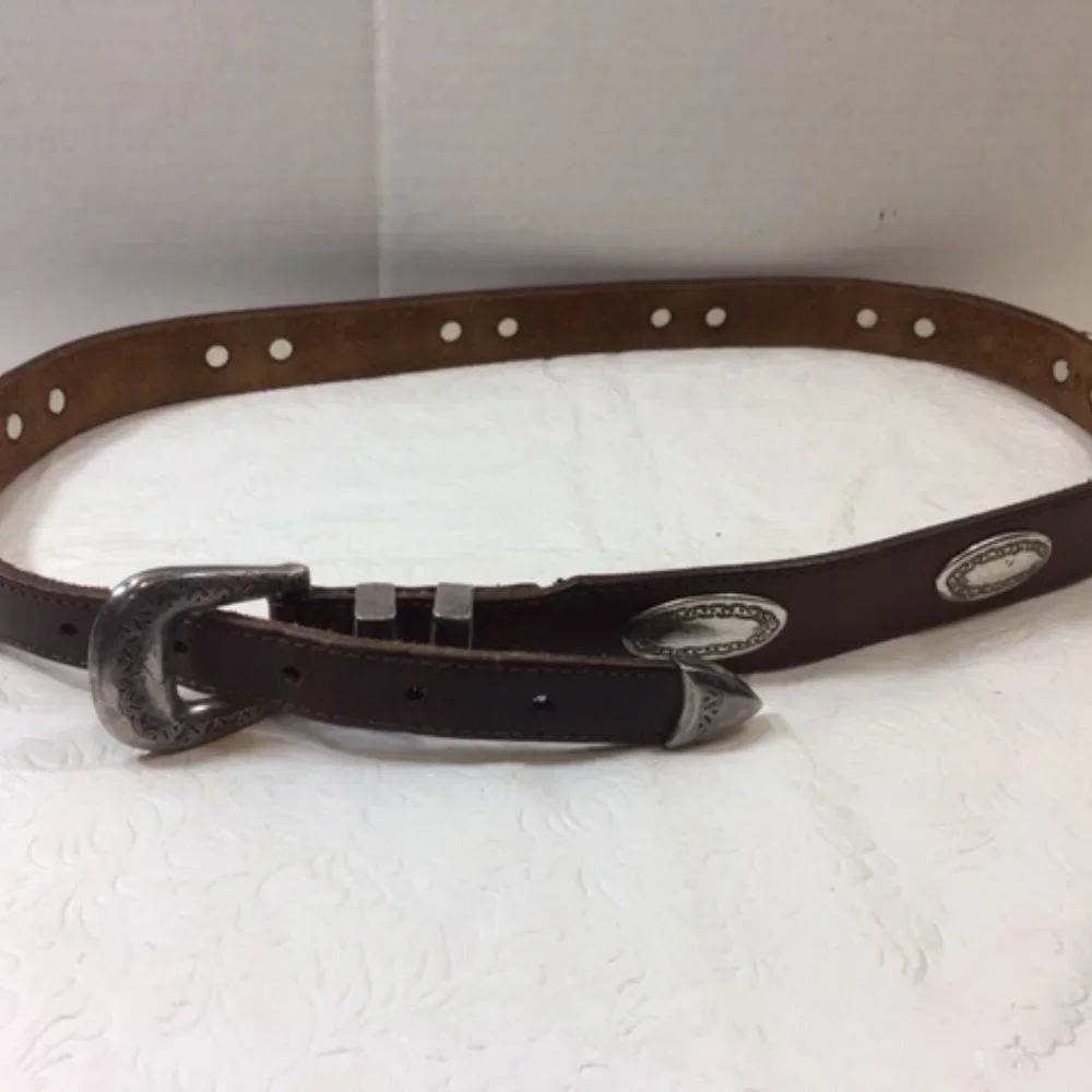 Langu Leather Brown Belt Silver Toned Engraved Ornaments